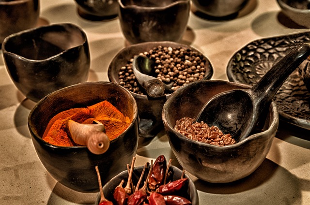 spices, chilies, paprika, powder, chili powder, pepper, grain, dried, ingredients, cayenne, food, hot, mexican, spicy, cuisine, seasonings, pottery, bowls, cups, food, food, food, food, food